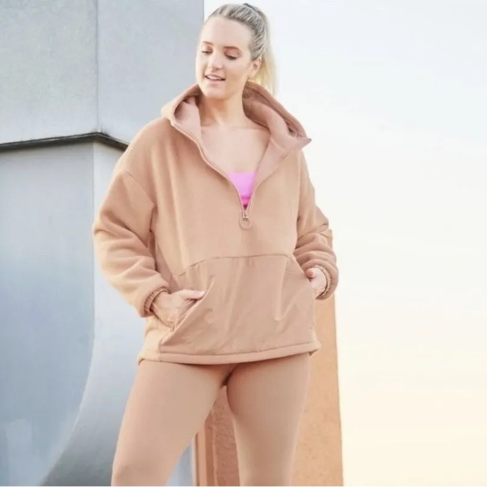 Fabletics Lotta Sherpa Half Zip Hooded Sweatshirt Jacket in peach tan